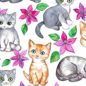 Cute Kittens and Clematis Flowers in Watercolor on White - large version