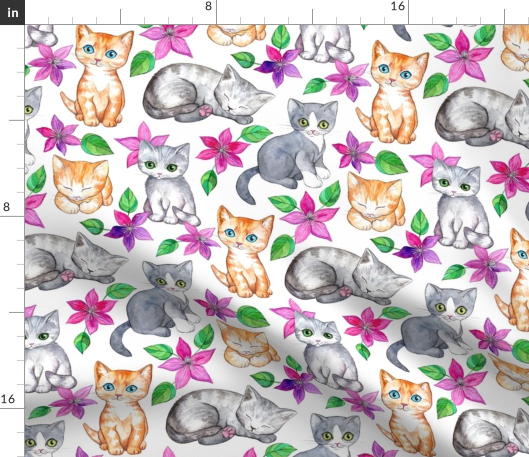 Cute Kittens and Clematis Flowers in Watercolor on White - large version