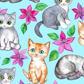 Cute Kittens and Clematis Flowers in Watercolor on Blue - large version