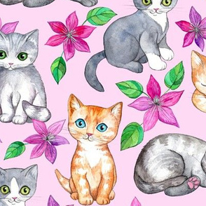 Cute Kittens and Clematis Flowers in Watercolor on Pretty Pink - large version