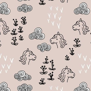 Cool clouds and horses flowers illustration design pastel sand