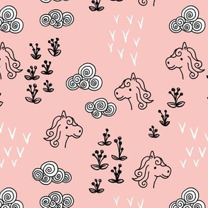 Cool clouds and horses flowers illustration design pastel pink