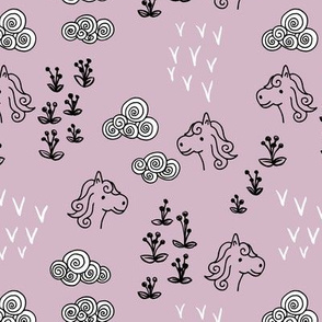 Cool clouds and horses flowers illustration design pastel violet