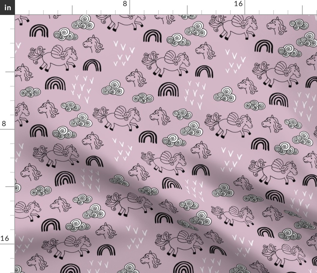 Cool clouds rainbows and horses flowers pegasus illustration design pastel violet