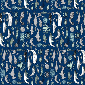ocean animals // navy mint and grey summer nautical fabric ocean whales octopus railroads