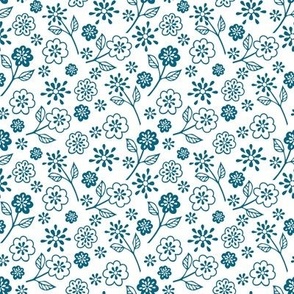 Assorted Flowers Peacock Blue on White
