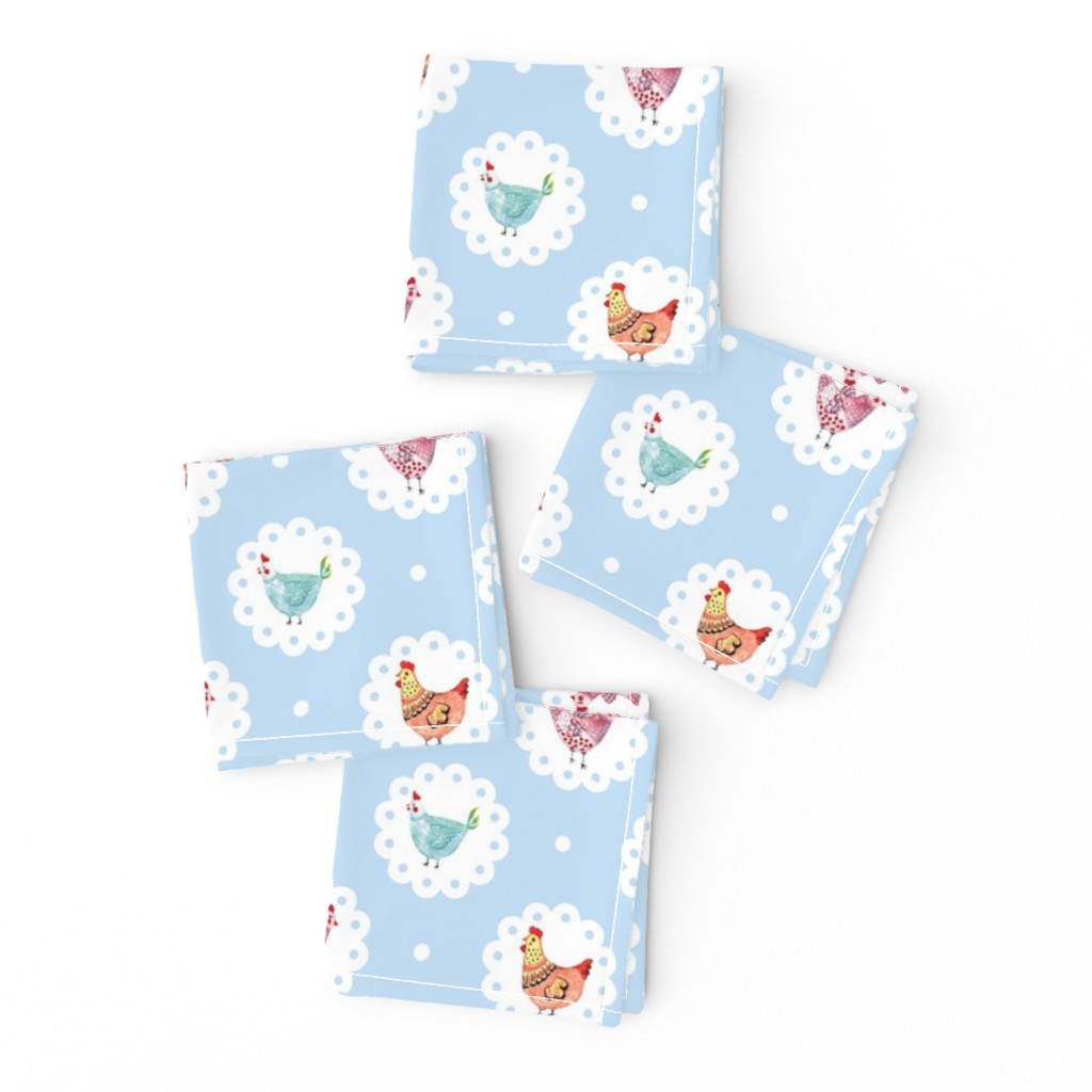 Chicken Doily Blue Polka Dots Hens