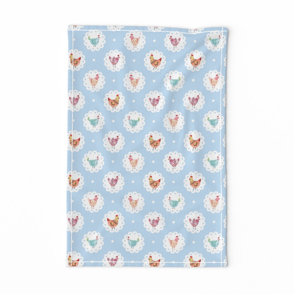 Chicken Doily Blue Polka Dots Hens