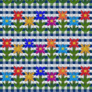 Chickenscratch Gingham Flower Stripe on Blue