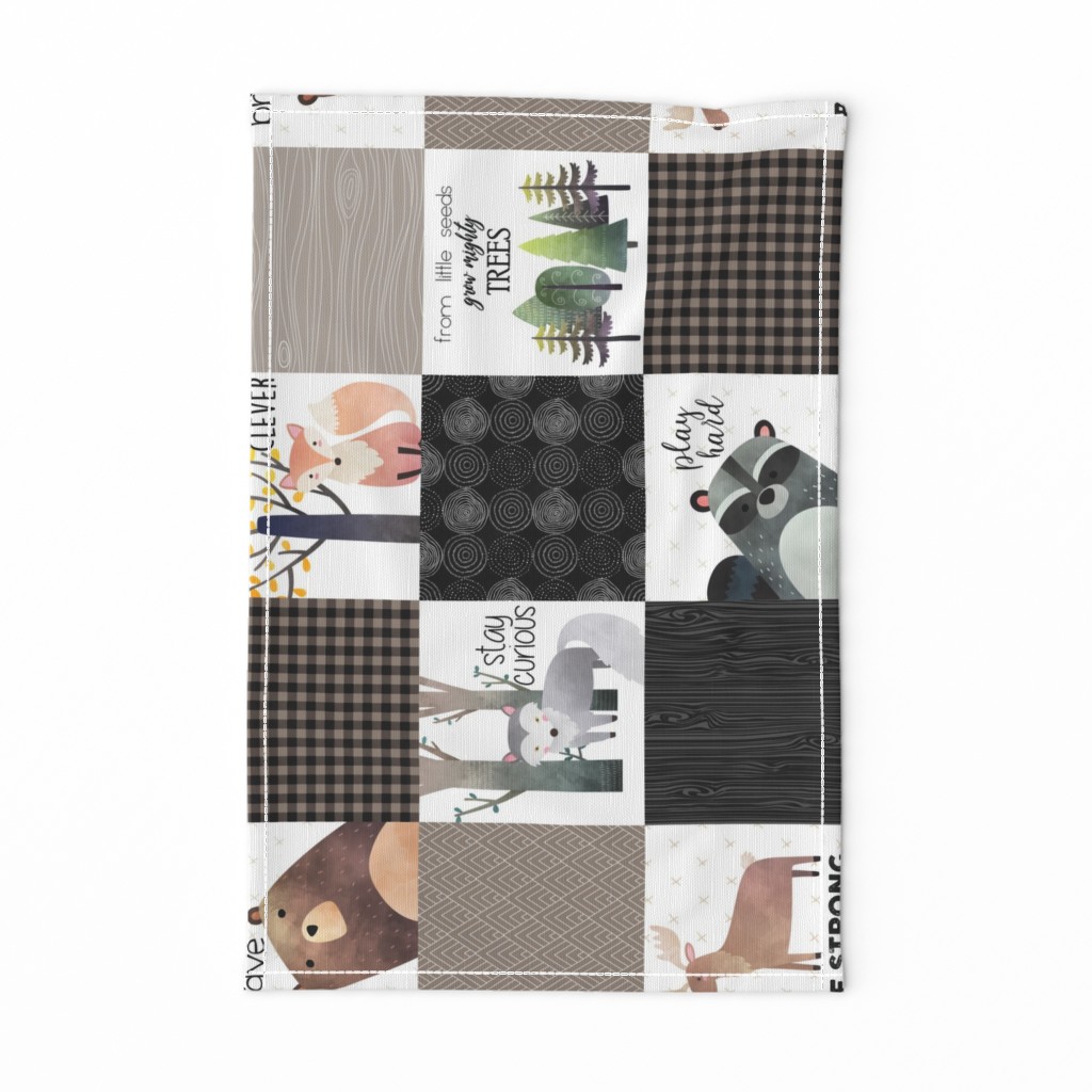 Woodland Critters Patchwork Quilt - Bear Moose Fox Raccoon Wolf, Black + Tan Design GingerLous ROTATED