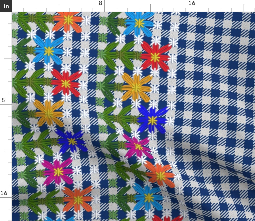 Chickenscratch Gingham Flower Border on Blue