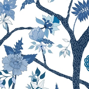 Peony Branch Mural in Blues