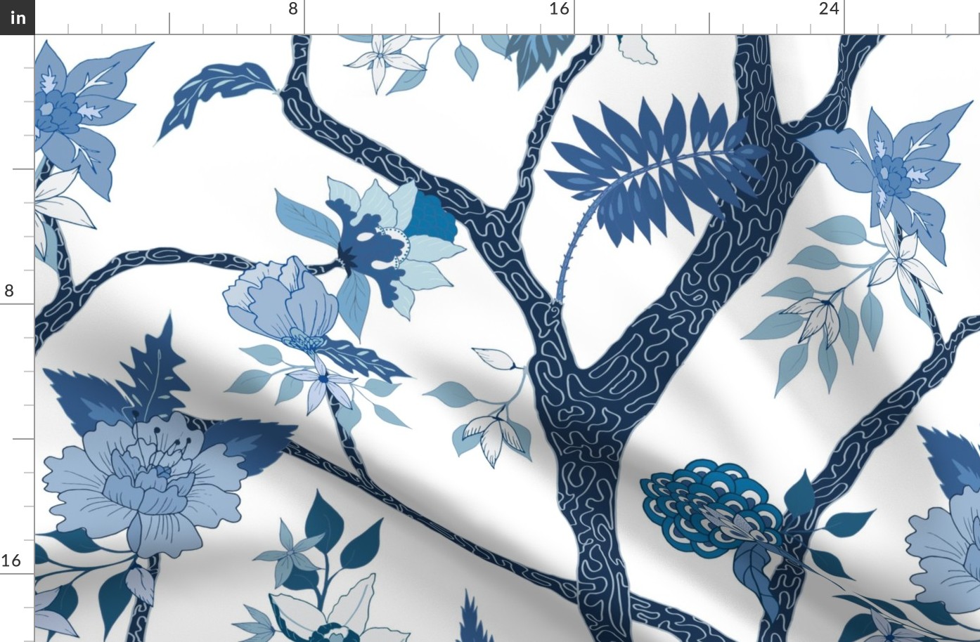 Peony Branch Mural in Blues