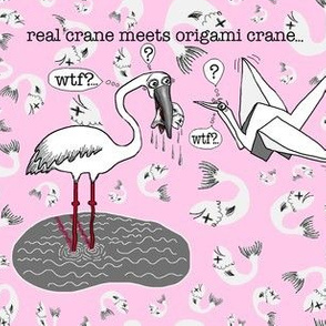 real crane meets origami paper crane, large scale, pink gray grey white