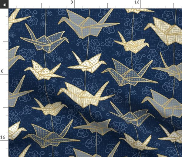 Tissu Au Mètre Bleu Des Oiseaux Grue Or Japon Japonais Origami Paix