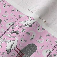 real crane meets origami crane, small scale, pink gray grey white