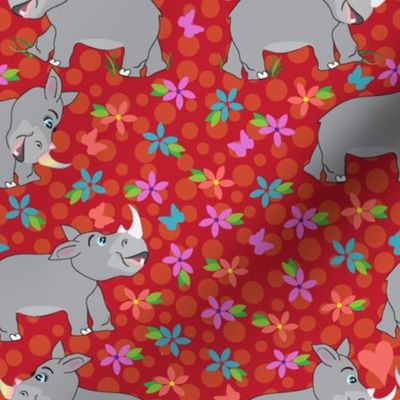 Rhino Love, hearts, flowers, I Love you, Red Fabric