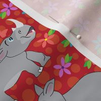 Rhino Love, hearts, flowers, I Love you, Red Fabric
