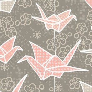 Tan and Blush Origami Cranes and Cherry Blossoms