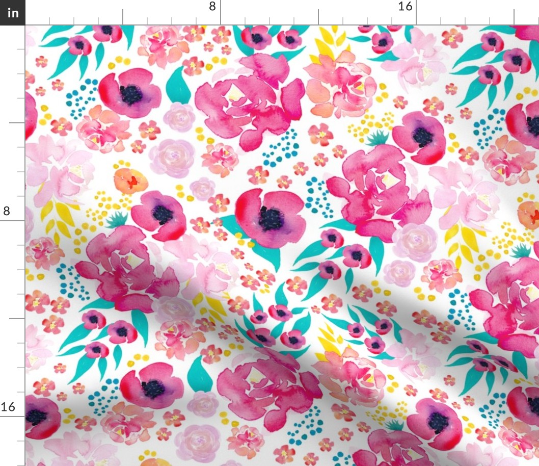 Large Scale Bright Watercolor Floral Teal Pink Yellow Orange