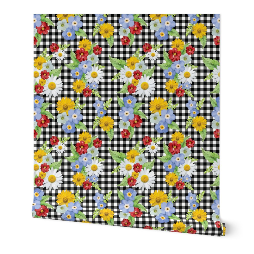 Black and White Gingham Summer Floral  Yellow and Red