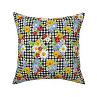 Black and White Gingham Summer Floral  Yellow and Red