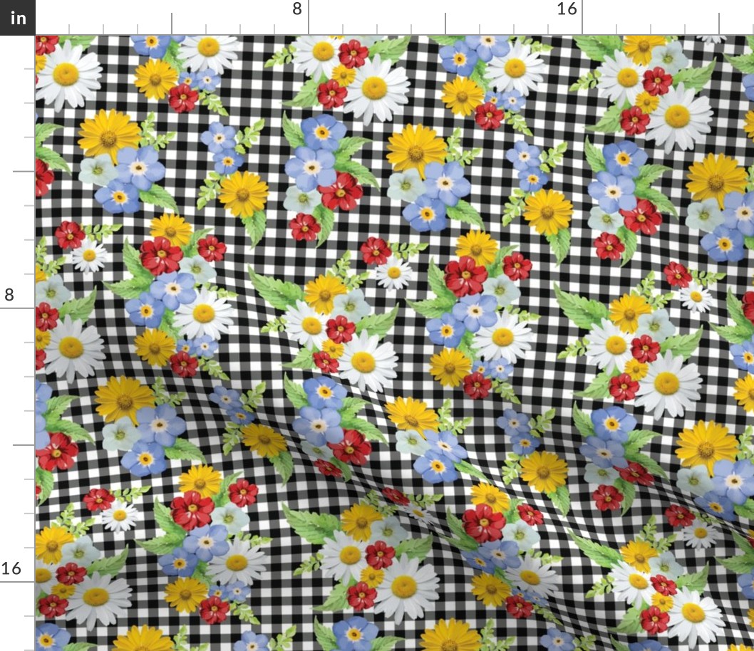 Black and White Gingham Summer Floral  Yellow and Red