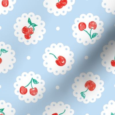 Vintage Red Cherries on Blue Doily 