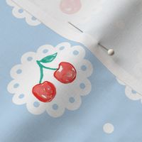 Vintage Red Cherries on Blue Doily 