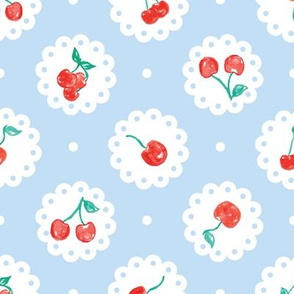 Vintage Red Cherries on Blue Doily 