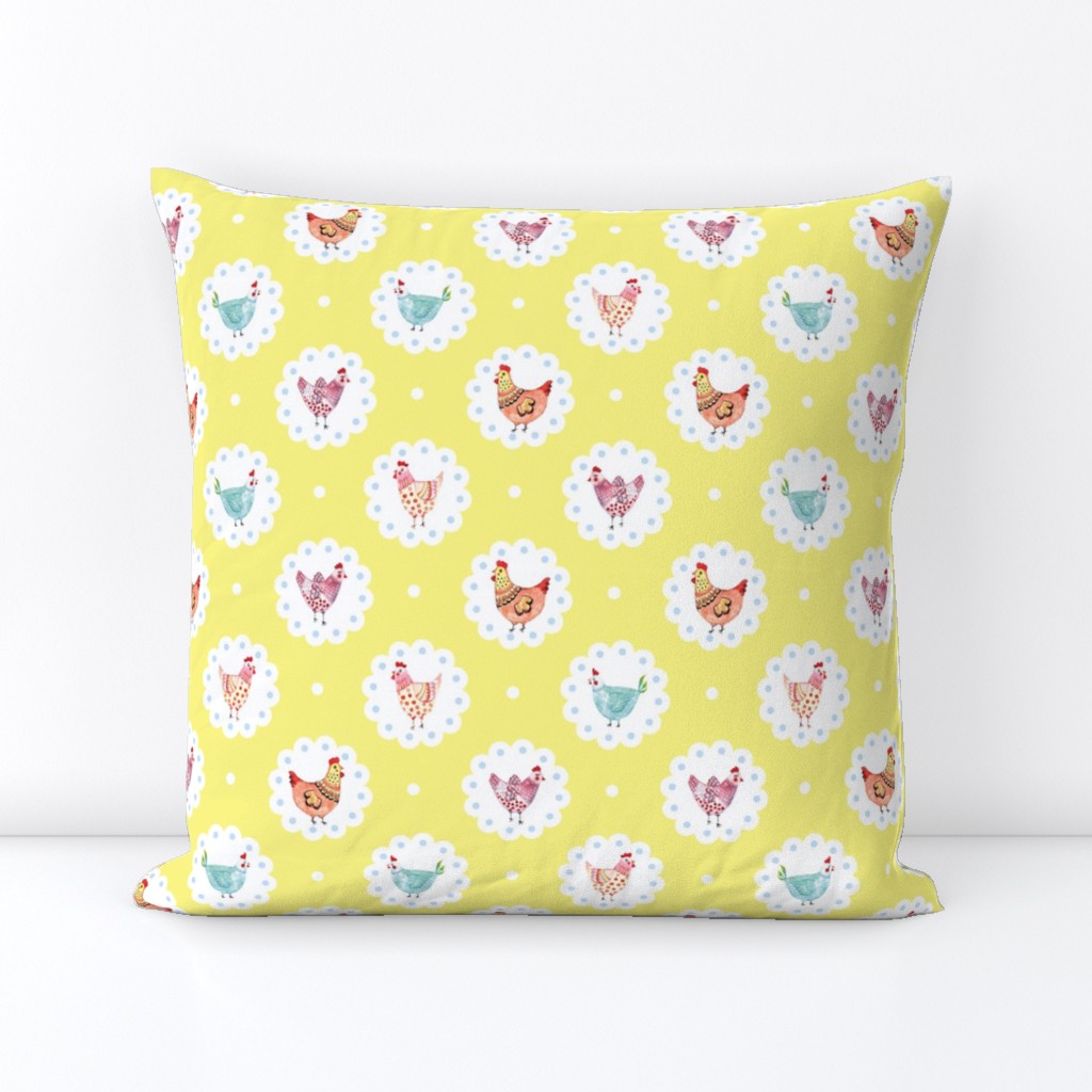 Colorful Chickens Doily Yellow Polka Dots