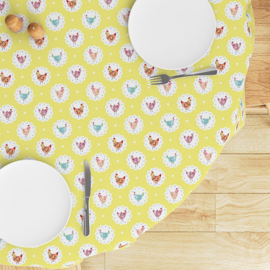 Colorful Chickens Doily Yellow Polka Dots