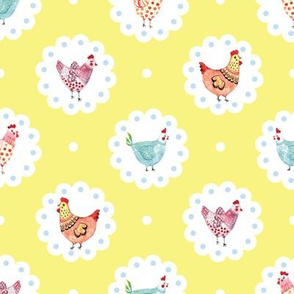 Colorful Chickens Doily Yellow Polka Dots