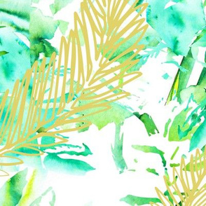 Palms and Fronds, Watercolor with Gold  (Larger print)
