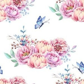 Pink Peonies and Blue Butterflies