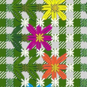 Chickenscratch Gingham Flower Border on Green