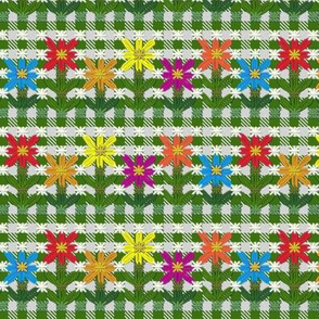 Chickenscratch Gingham Flowers on Green