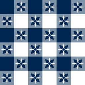 One Inch Navy Blue and White Checkered Italian Bistro Cloth with Flowers
