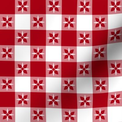 One Inch Dark Red and White Checkered Italian Bistro Cloth with Flowers