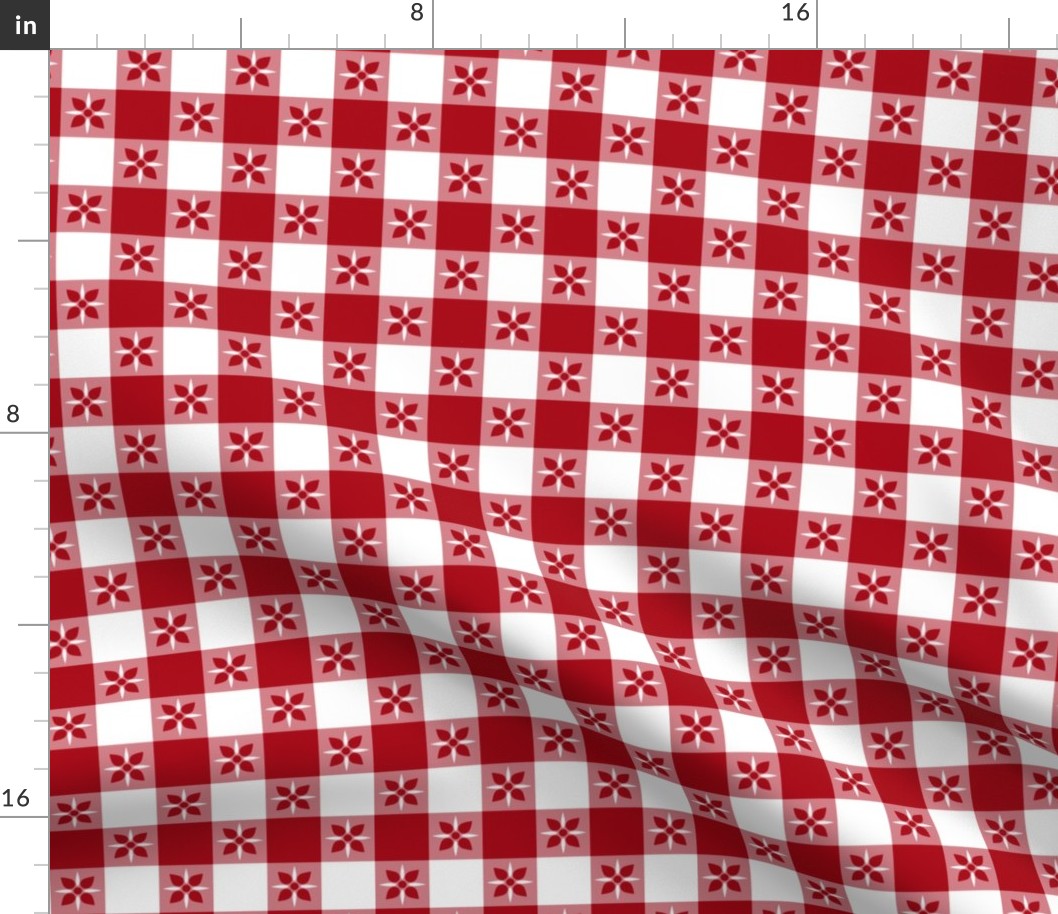 One Inch Dark Red and White Checkered Italian Bistro Cloth with Flowers