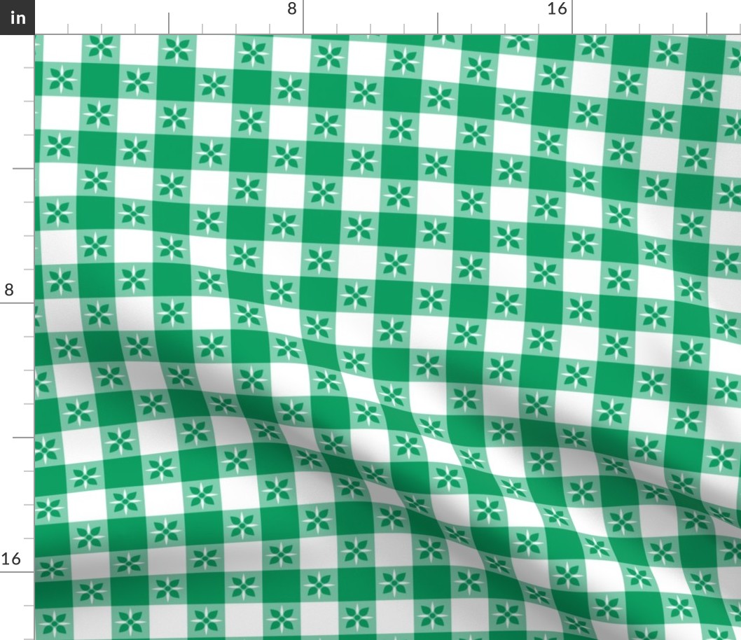 One Inch Shamrock Green  and White Checkered Italian Bistro Cloth with Flowers