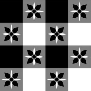 Two Inch Black and White Checkered Italian Bistro Cloth with Flowers
