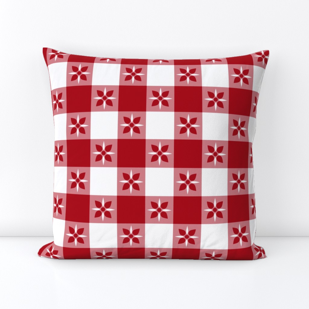 Two Inch Dark Red and White Checkered Italian Bistro Cloth with Flowers