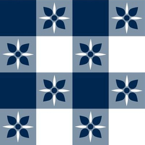 Two Inch Navy Blue and White Checkered Italian Bistro Cloth with Flowers