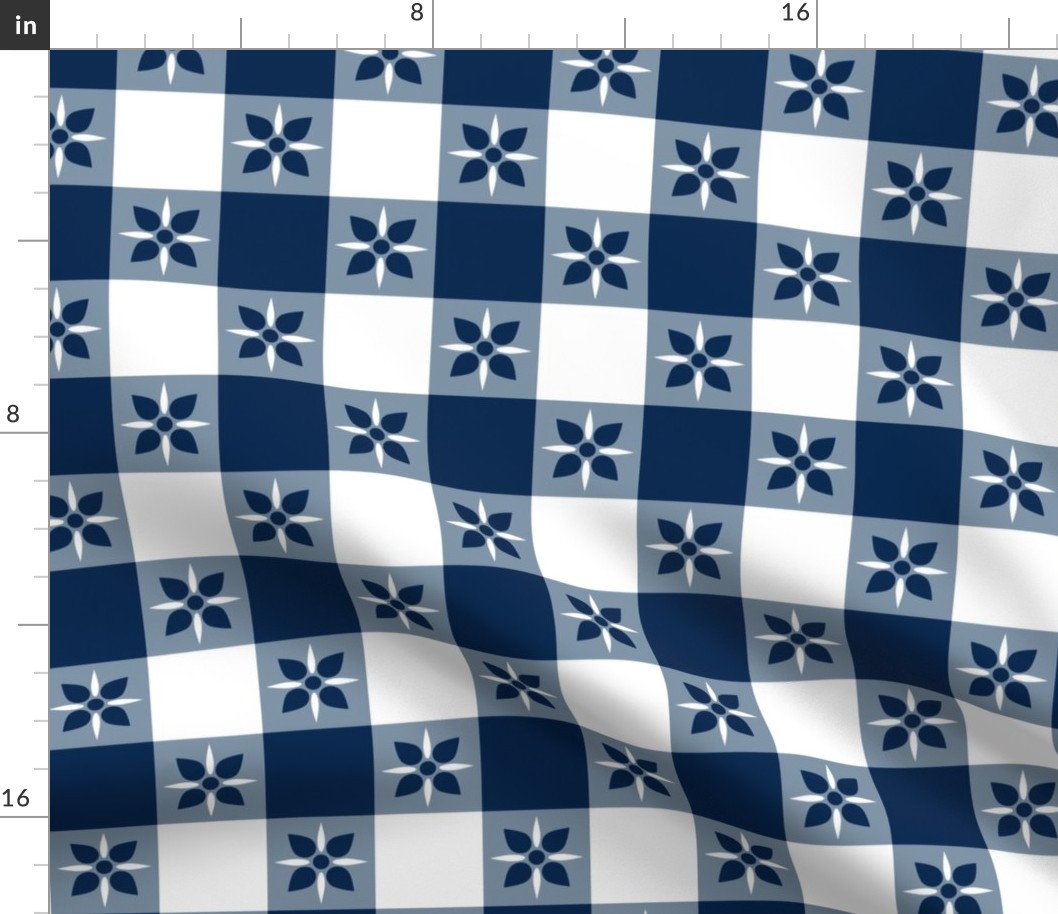Two Inch Navy Blue and White Checkered Italian Bistro Cloth with Flowers