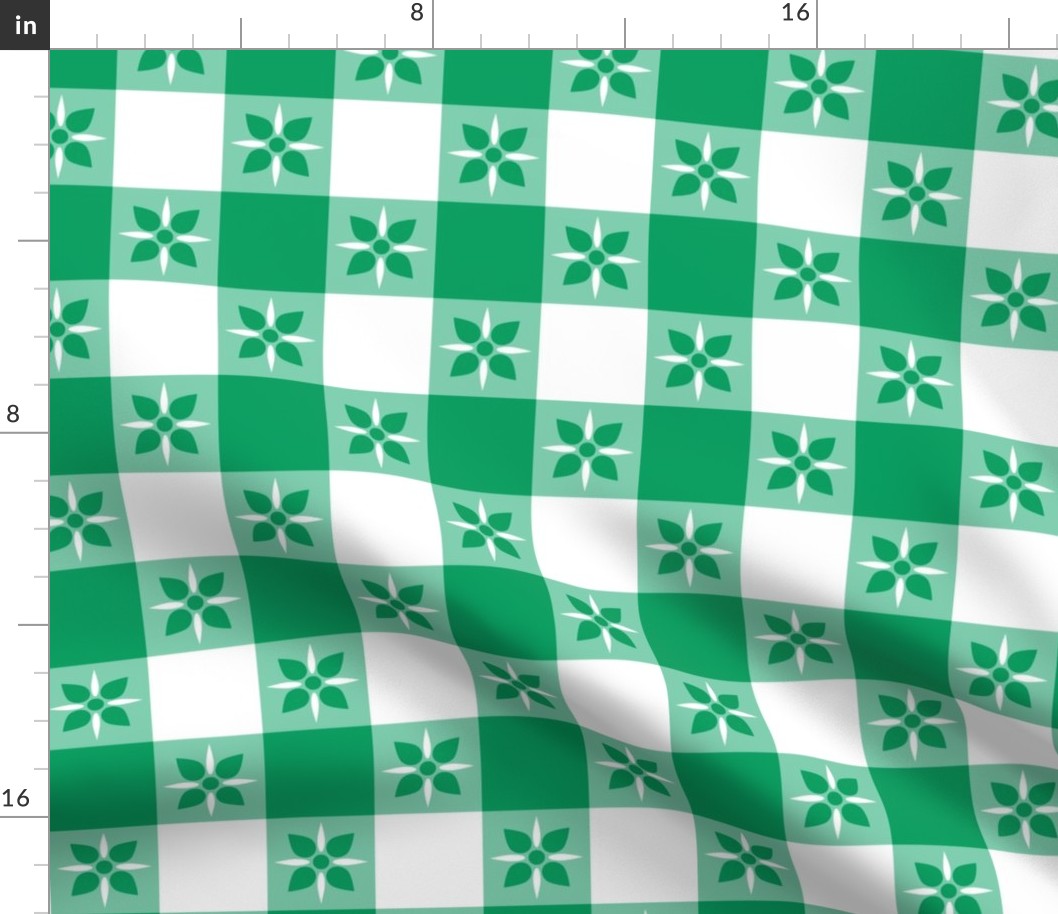 Two Inch Shamrock Green  and White Checkered Italian Bistro Cloth with Flowers