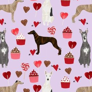 whippet valentines day cupcakes hearts dog breed fabric purple