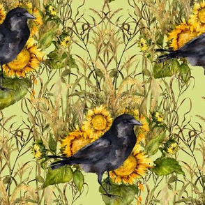 crow with sunflowers watercolor on light green 