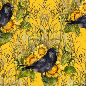 crow with sunflowers watercolor on yellow