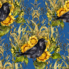 crow with sunflowers watercolor on blue